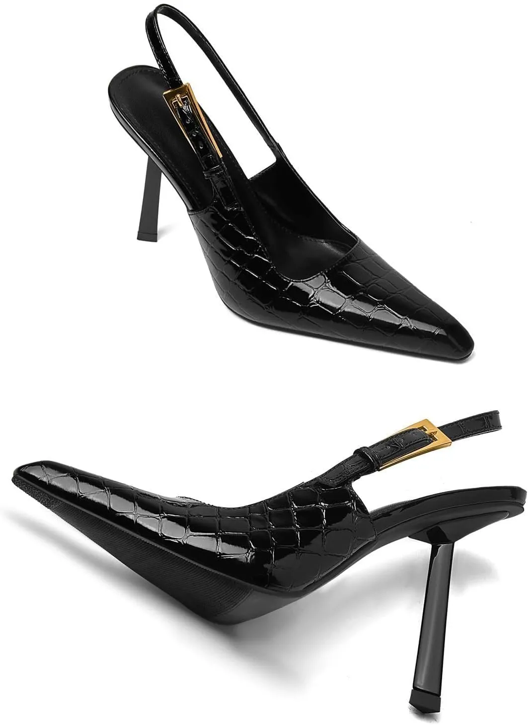 Slingback Pointed Closed Toe Stiletto High Heels Pumps for Women Ankle Strap Metal Buckle Backless Patent Leather Slip-on Banquet Dress Sandals Shoes