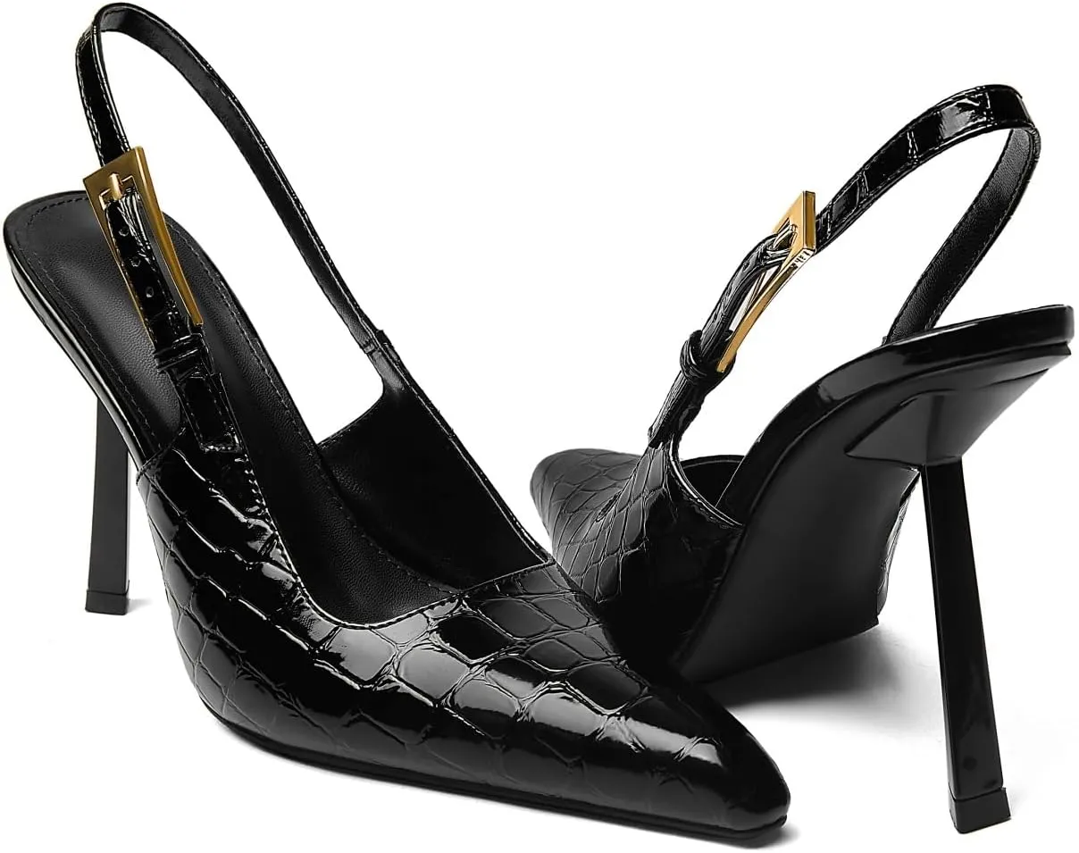 Slingback Pointed Closed Toe Stiletto High Heels Pumps for Women Ankle Strap Metal Buckle Backless Patent Leather Slip-on Banquet Dress Sandals Shoes