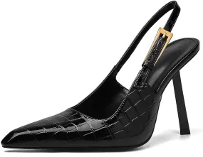 Slingback Pointed Closed Toe Stiletto High Heels Pumps for Women Ankle Strap Metal Buckle Backless Patent Leather Slip-on Banquet Dress Sandals Shoes
