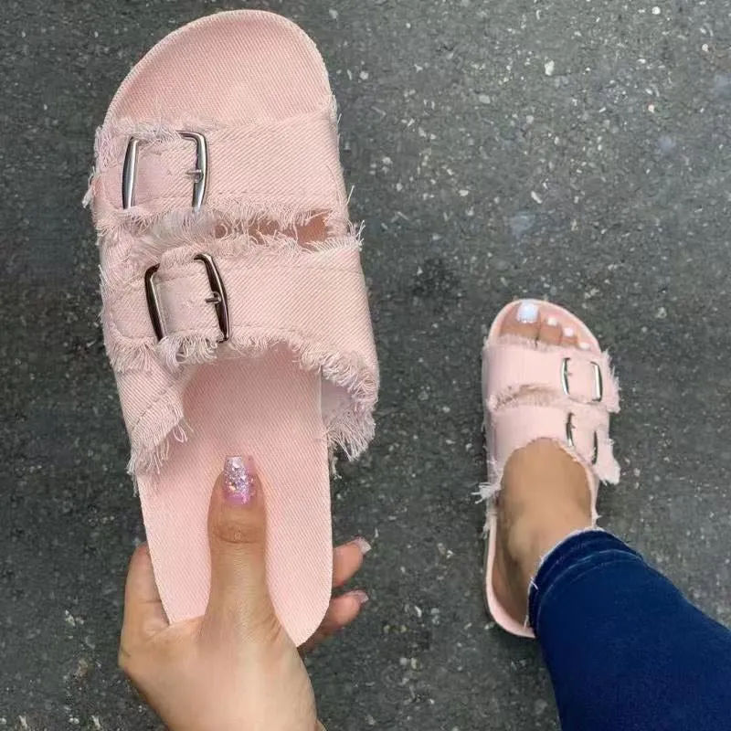 Summer European Style Casual Sandals Solid Color Canvas Buckle Belt Embellishment Denim Cork Soles Flat Slippers Women Slides Sandals Flip Flops