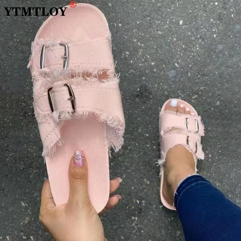 Summer European Style Casual Sandals Solid Color Canvas Buckle Belt Embellishment Denim Cork Soles Flat Slippers Women Slides Sandals Flip Flops
