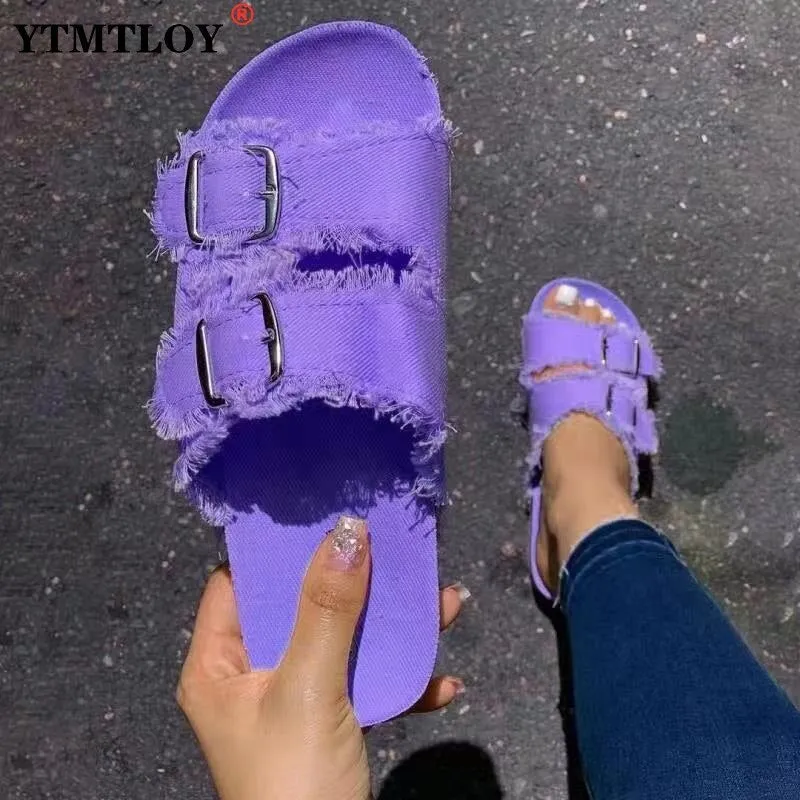 Summer European Style Casual Sandals Solid Color Canvas Buckle Belt Embellishment Denim Cork Soles Flat Slippers Women Slides Sandals Flip Flops