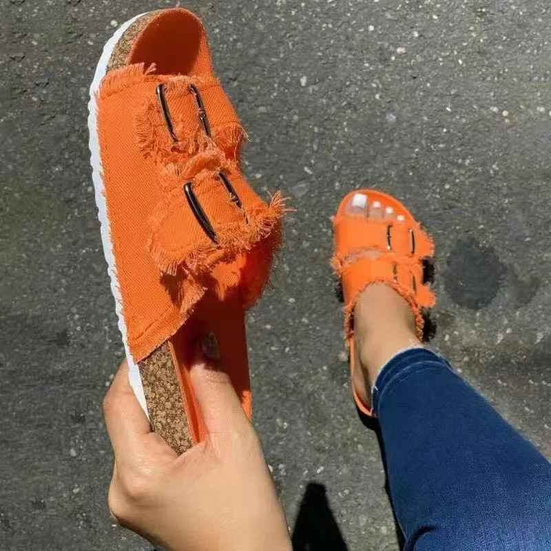 Summer European Style Casual Sandals Solid Color Canvas Buckle Belt Embellishment Denim Cork Soles Flat Slippers Women Slides Sandals Flip Flops