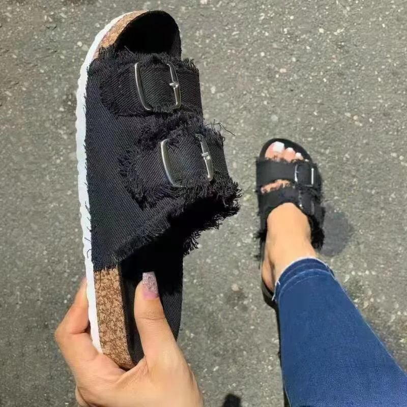 Summer European Style Casual Sandals Solid Color Canvas Buckle Belt Embellishment Denim Cork Soles Flat Slippers Women Slides Sandals Flip Flops
