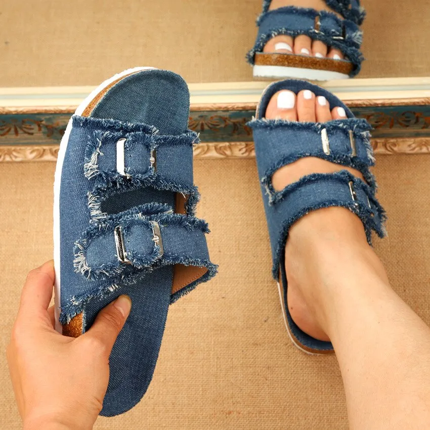 Summer European Style Casual Sandals Solid Color Canvas Buckle Belt Embellishment Denim Cork Soles Flat Slippers Women Slides Sandals Flip Flops