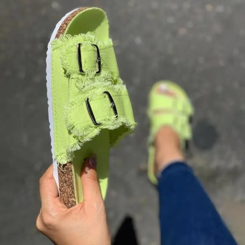 Summer European Style Casual Sandals Solid Color Canvas Buckle Belt Embellishment Denim Cork Soles Flat Slippers Women Slides Sandals Flip Flops