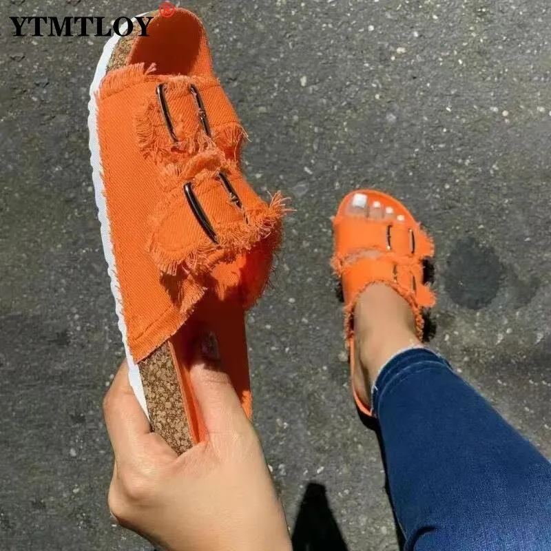 Summer European Style Casual Sandals Solid Color Canvas Buckle Belt Embellishment Denim Cork Soles Flat Slippers Women Slides Sandals Flip Flops