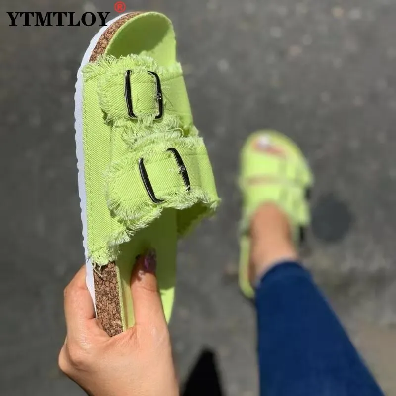 Summer European Style Casual Sandals Solid Color Canvas Buckle Belt Embellishment Denim Cork Soles Flat Slippers Women Slides Sandals Flip Flops