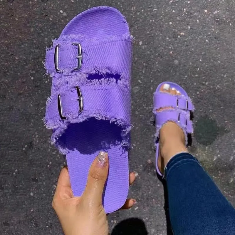 Summer European Style Casual Sandals Solid Color Canvas Buckle Belt Embellishment Denim Cork Soles Flat Slippers Women Slides Sandals Flip Flops