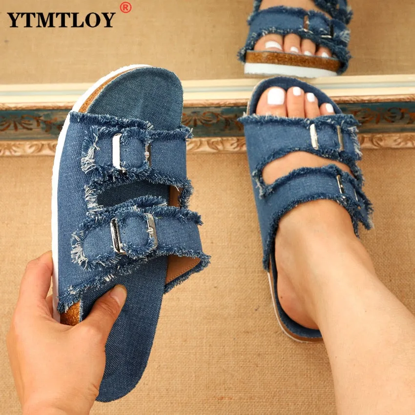 Summer European Style Casual Sandals Solid Color Canvas Buckle Belt Embellishment Denim Cork Soles Flat Slippers Women Slides Sandals Flip Flops