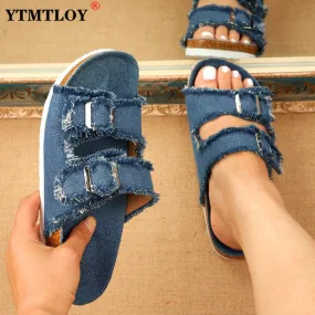 Summer European Style Casual Sandals Solid Color Canvas Buckle Belt Embellishment Denim Cork Soles Flat Slippers Women Slides Sandals Flip Flops