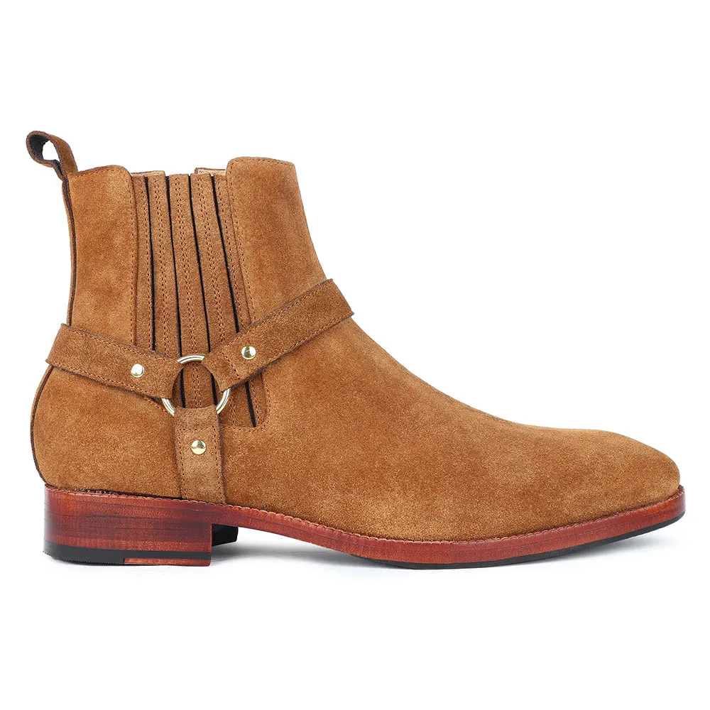 Tan Suede Harness Boots   Chelsea Elastic & Zip