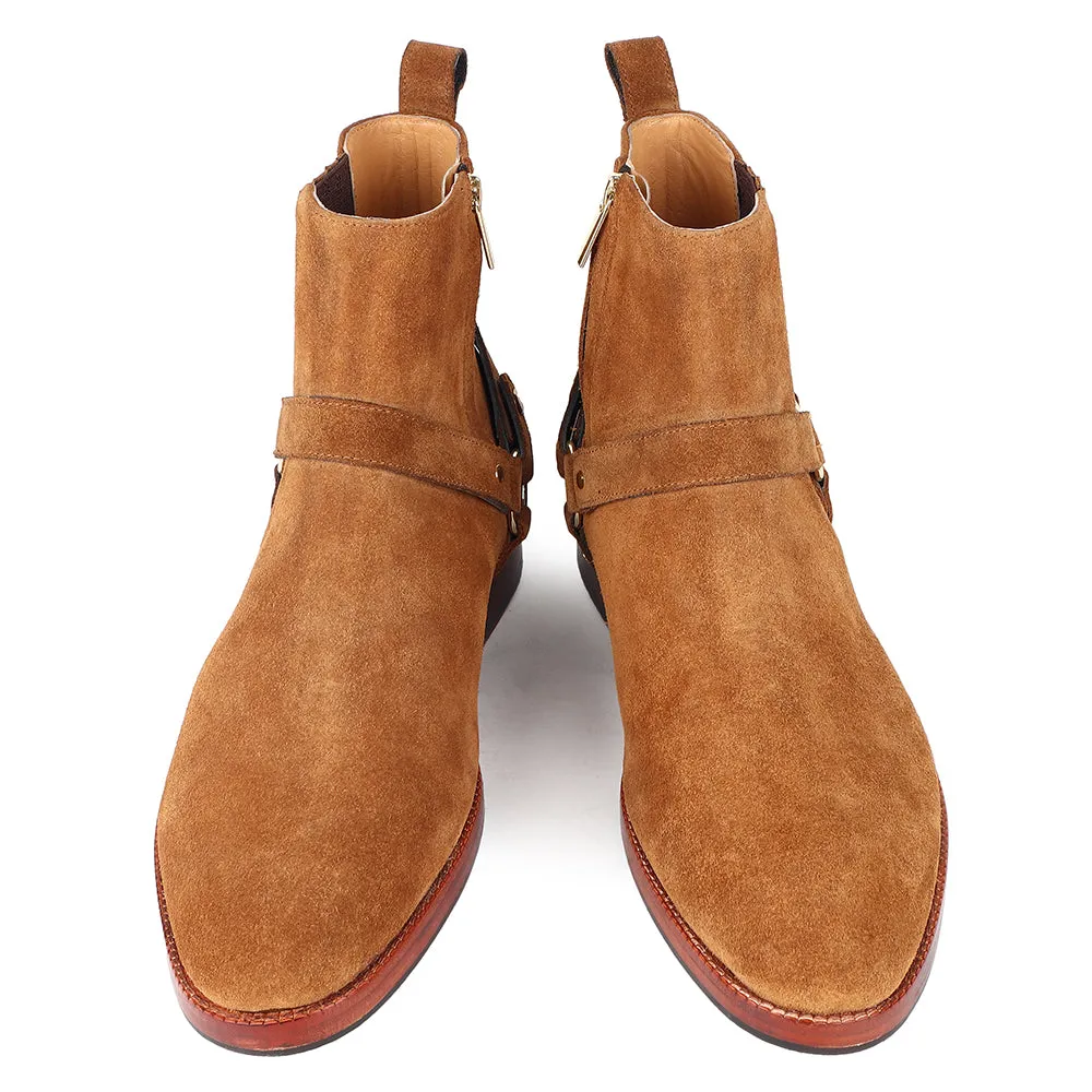 Tan Suede Harness Boots   Chelsea Elastic & Zip