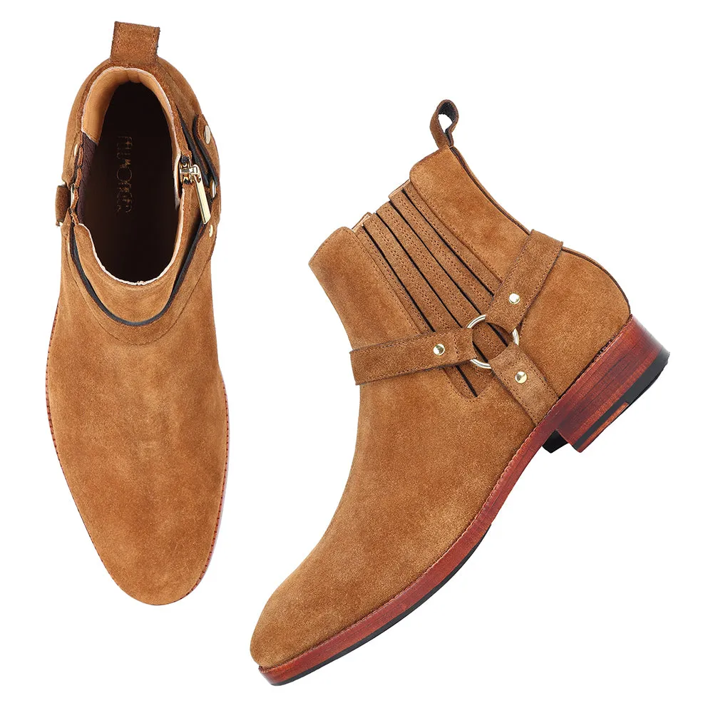Tan Suede Harness Boots   Chelsea Elastic & Zip