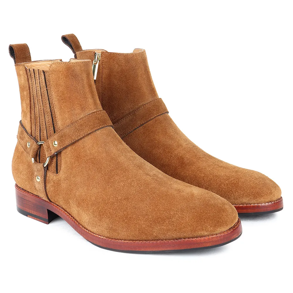 Tan Suede Harness Boots   Chelsea Elastic & Zip