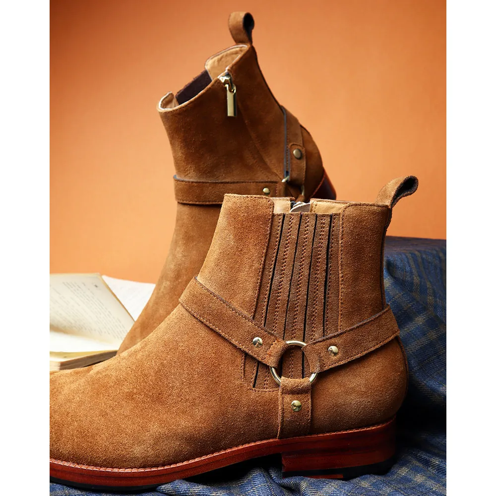Tan Suede Harness Boots   Chelsea Elastic & Zip