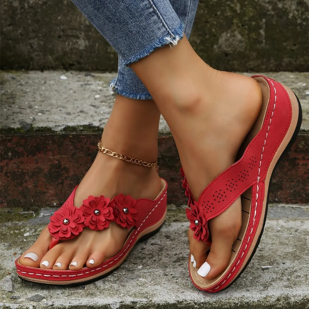 Uniqcloud Retro Studded Flowers Arch Support Wedge Flip Flops