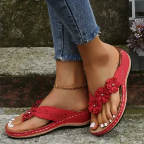Uniqcloud Retro Studded Flowers Arch Support Wedge Flip Flops