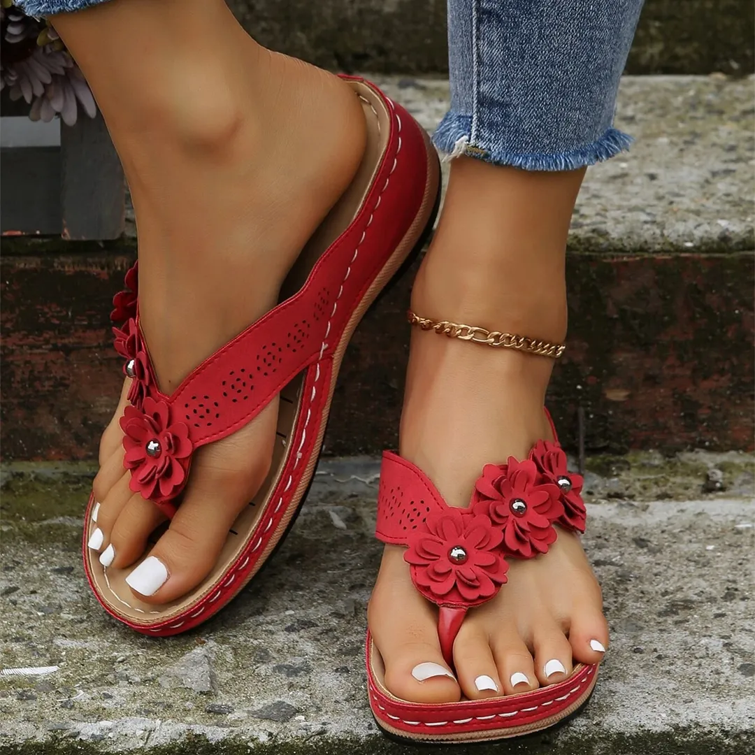 Uniqcloud Retro Studded Flowers Arch Support Wedge Flip Flops