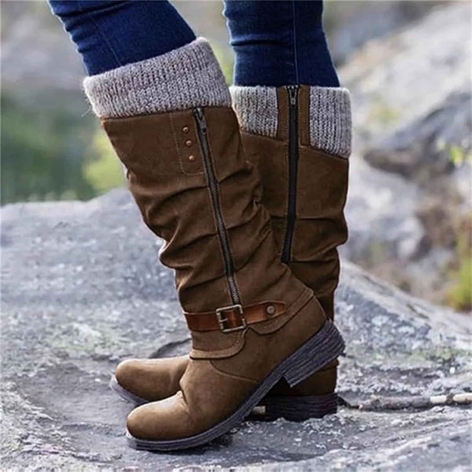 Winter Boots For Women Fashion 2022 Cold Weather Mid Calf Lace Up Side Zipper Low Heel Platform Military Combat Boots