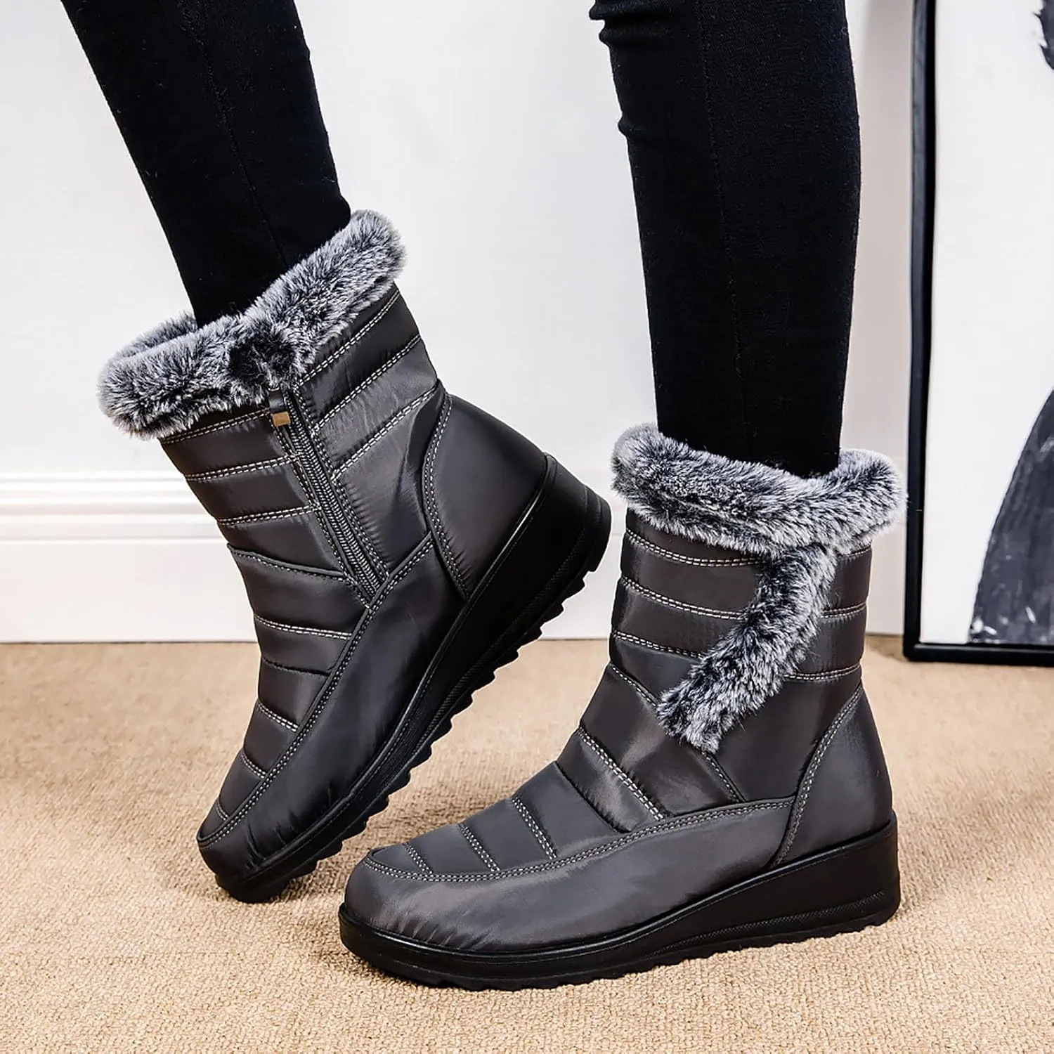 Winter Boots For Women Waterproof Short Boots Slip On Fur Lined Boots Waterproof Mid Calf Boots Warm Snow Boots