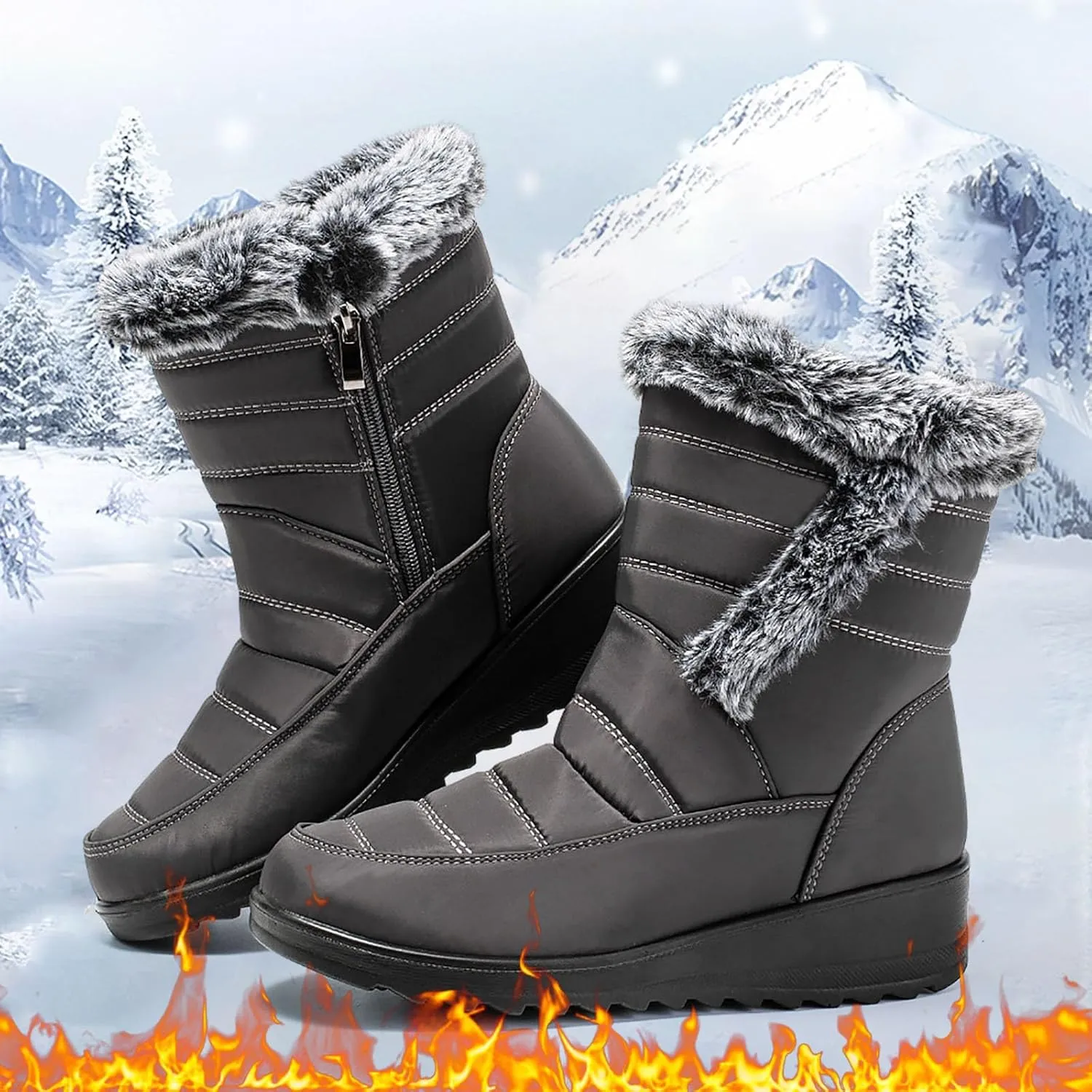 Winter Boots For Women Waterproof Short Boots Slip On Fur Lined Boots Waterproof Mid Calf Boots Warm Snow Boots