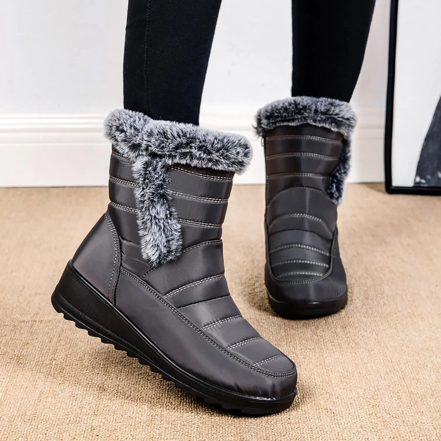Winter Boots For Women Waterproof Short Boots Slip On Fur Lined Boots Waterproof Mid Calf Boots Warm Snow Boots
