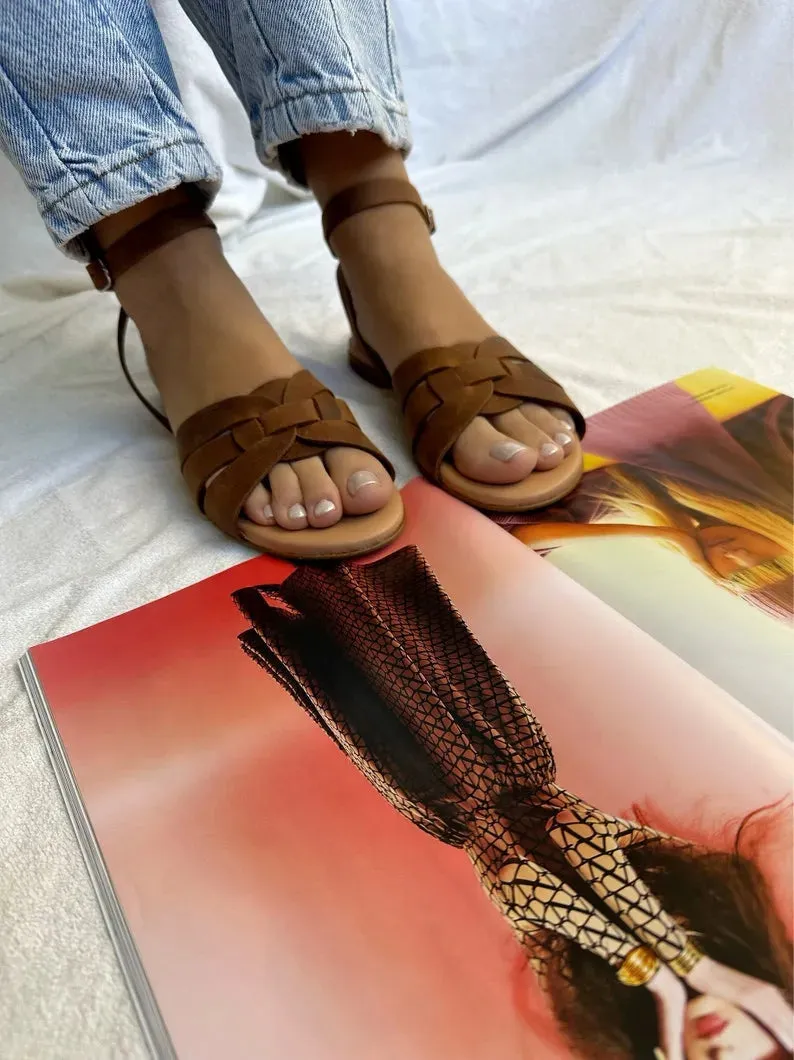 Women Greek Brown Leather Sandals