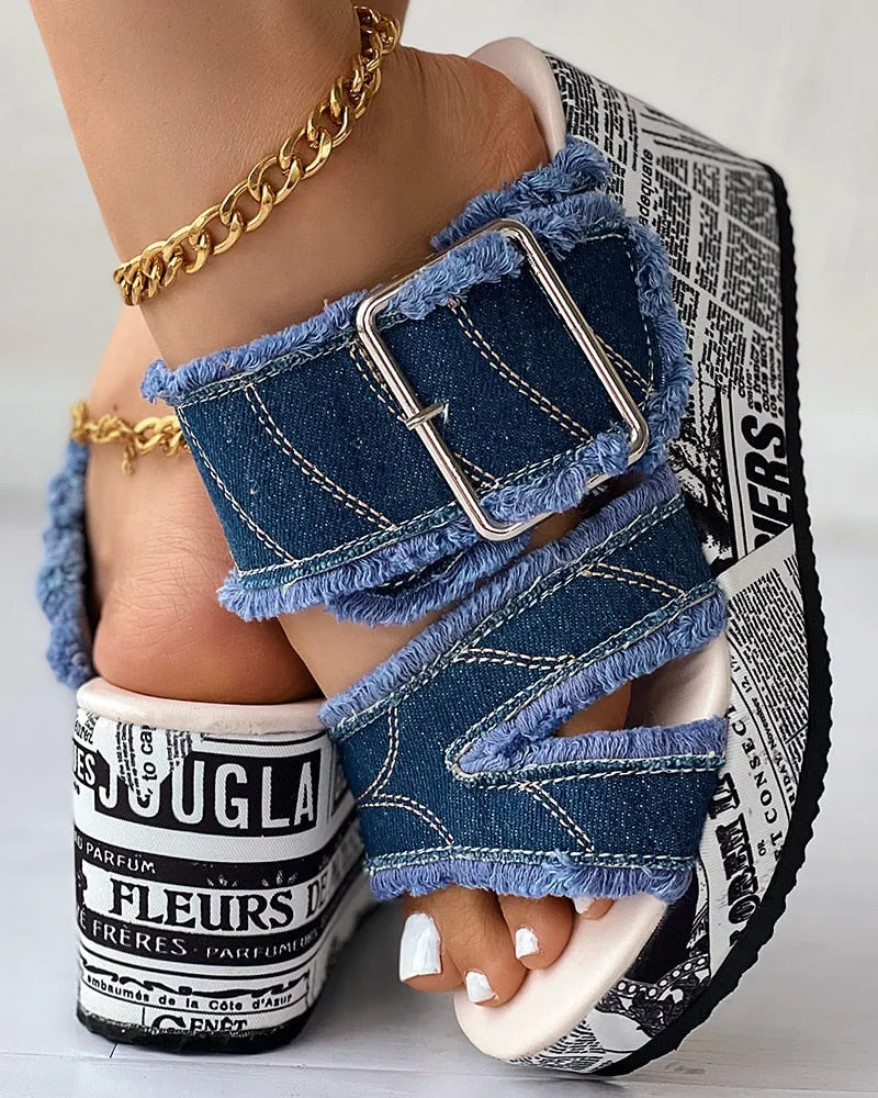 Women Shoes Summer Newspaper Buckled Denim Wedge Slippers Sandals