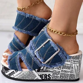 Women Shoes Summer Newspaper Buckled Denim Wedge Slippers Sandals