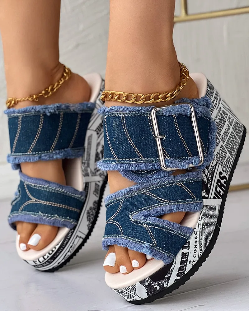 Women Shoes Summer Newspaper Buckled Denim Wedge Slippers Sandals