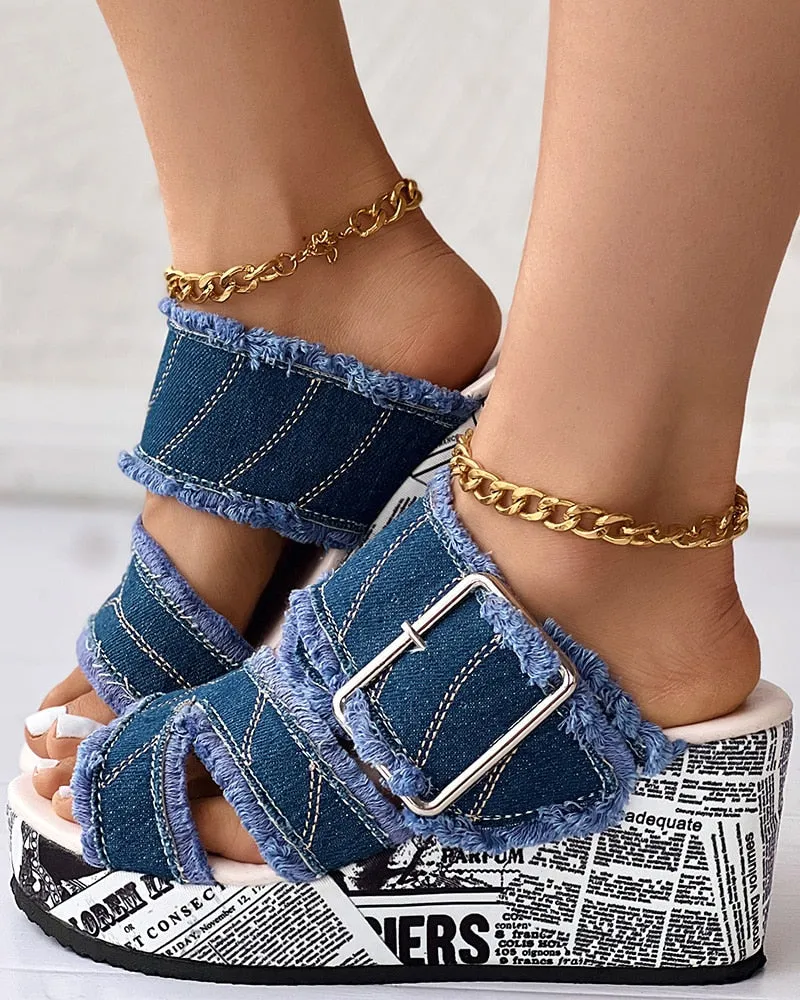 Women Shoes Summer Newspaper Buckled Denim Wedge Slippers Sandals