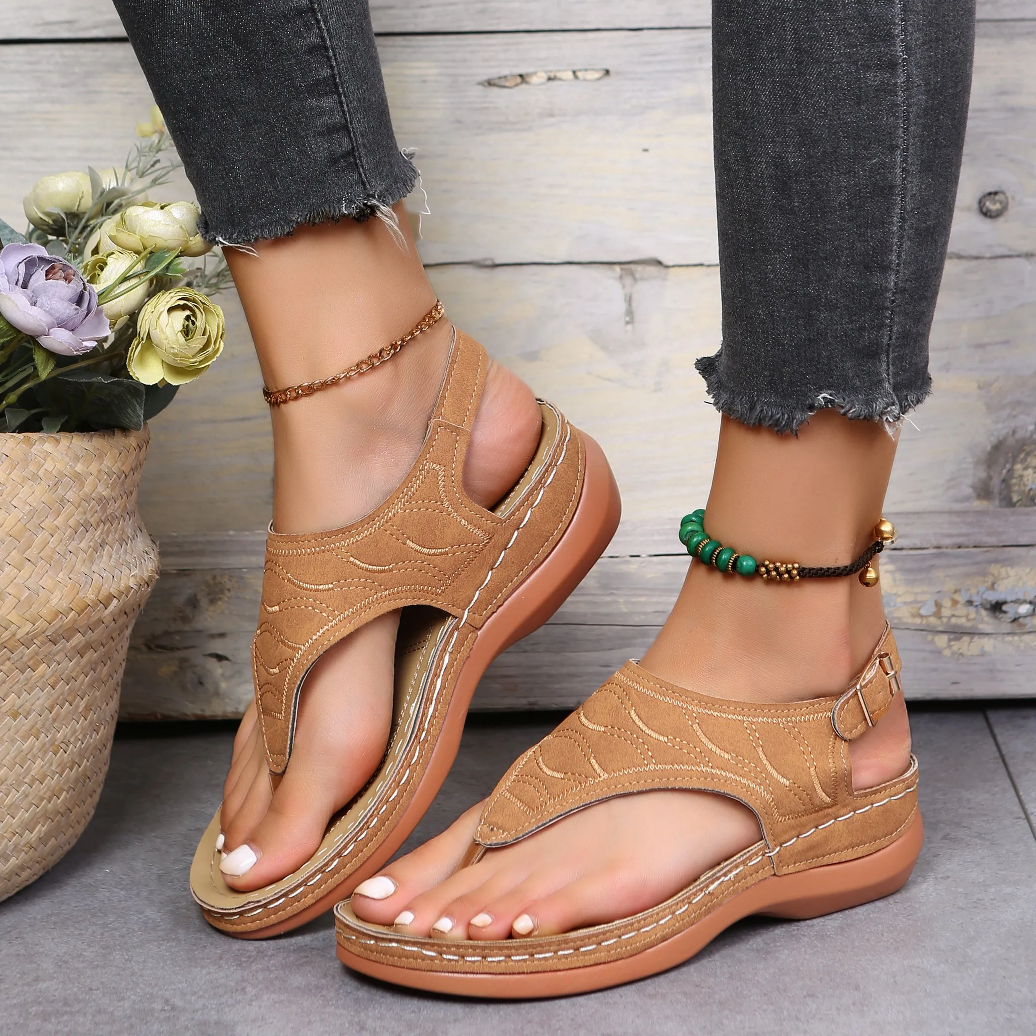 Women's Thone Wedge Sandals, Solid Color Ankle Buckle Strap Slingback Open Toe Shoes, Casual Retro Shoes SE1034
