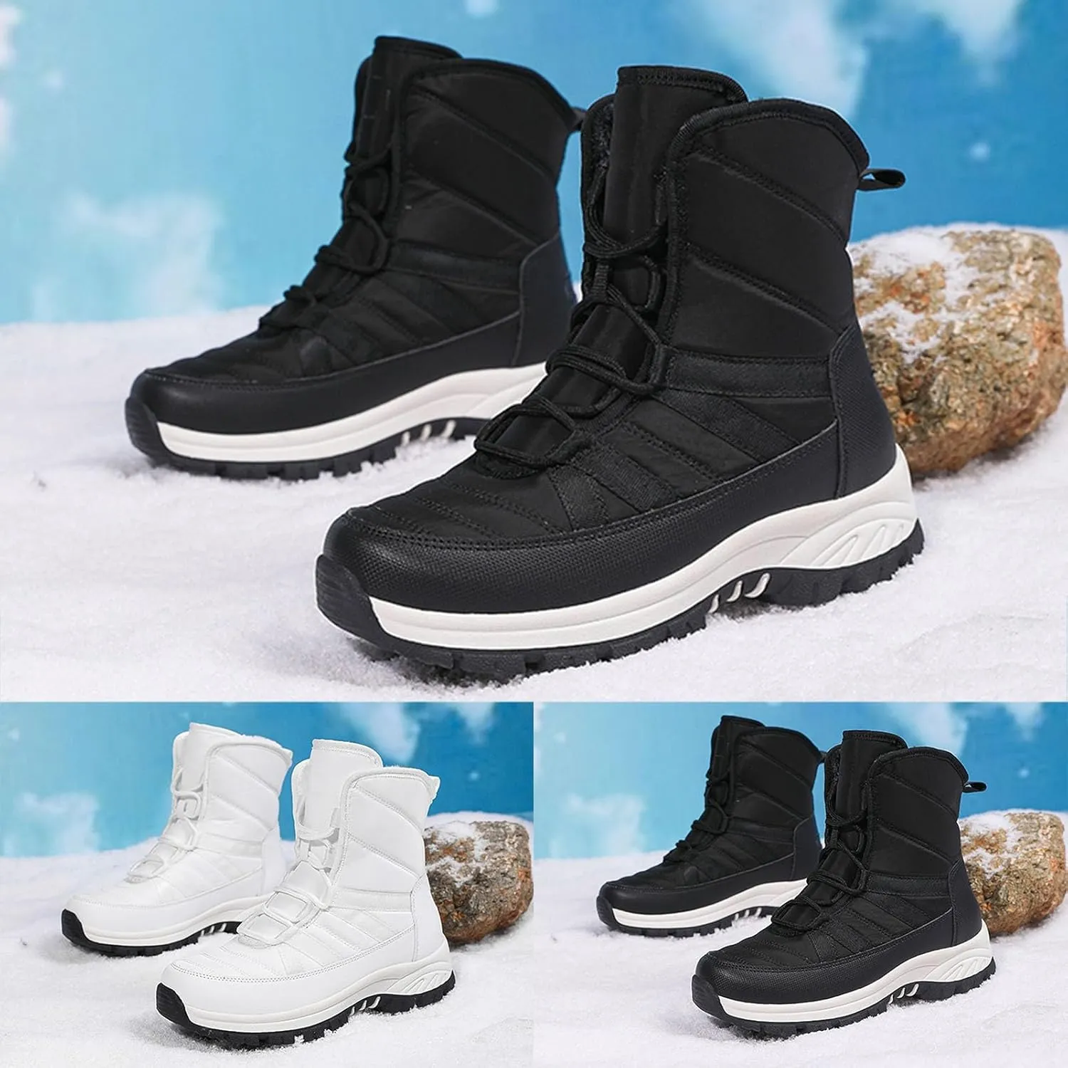 Womens Winter Snow Boots - Ankle Boots for Women Waterproof Walking Shoes Comfortable Hiking Tennis Booties Chunky Heel Lace Up Mid Calf Warm Lightweight Cold Weather Boots