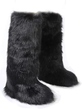 yamerbo Faux Fur Boots for Women Furry Fuzzy Flurry Long Winter Knee-High Boots Round Toe Suede Plush Warm Snow Shoes for Outdoor Indoor Fashion Punk Girls Flat Furry Shoes