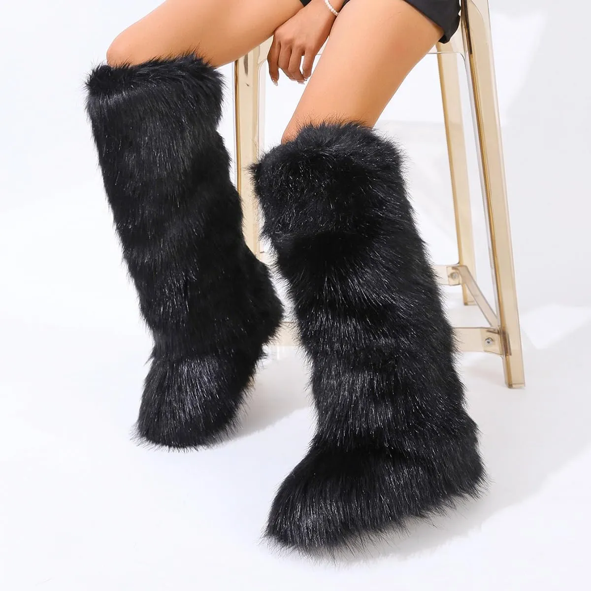 yamerbo Faux Fur Boots for Women Furry Fuzzy Flurry Long Winter Knee-High Boots Round Toe Suede Plush Warm Snow Shoes for Outdoor Indoor Fashion Punk Girls Flat Furry Shoes