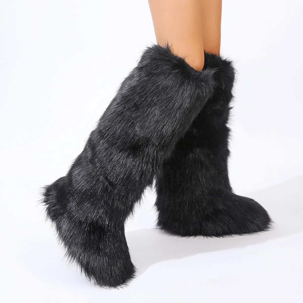 yamerbo Faux Fur Boots for Women Furry Fuzzy Flurry Long Winter Knee-High Boots Round Toe Suede Plush Warm Snow Shoes for Outdoor Indoor Fashion Punk Girls Flat Furry Shoes