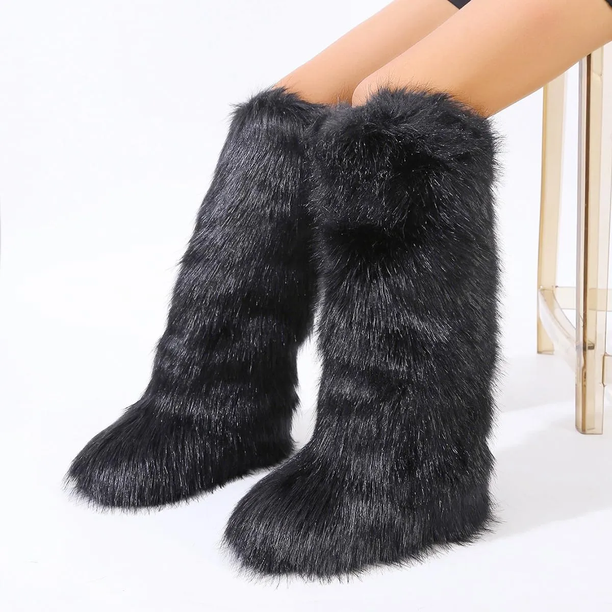 yamerbo Faux Fur Boots for Women Furry Fuzzy Flurry Long Winter Knee-High Boots Round Toe Suede Plush Warm Snow Shoes for Outdoor Indoor Fashion Punk Girls Flat Furry Shoes