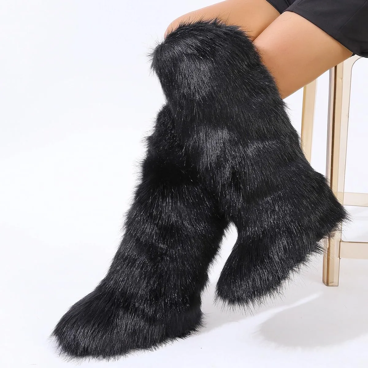yamerbo Faux Fur Boots for Women Furry Fuzzy Flurry Long Winter Knee-High Boots Round Toe Suede Plush Warm Snow Shoes for Outdoor Indoor Fashion Punk Girls Flat Furry Shoes