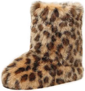 yamerbo Women's Faux Fur Boots Furry Fuzzy Fluffy Y2k Winter Snow Shoes Puffy Warm Short Mid-Calf Boots for Outdoor-Brown
