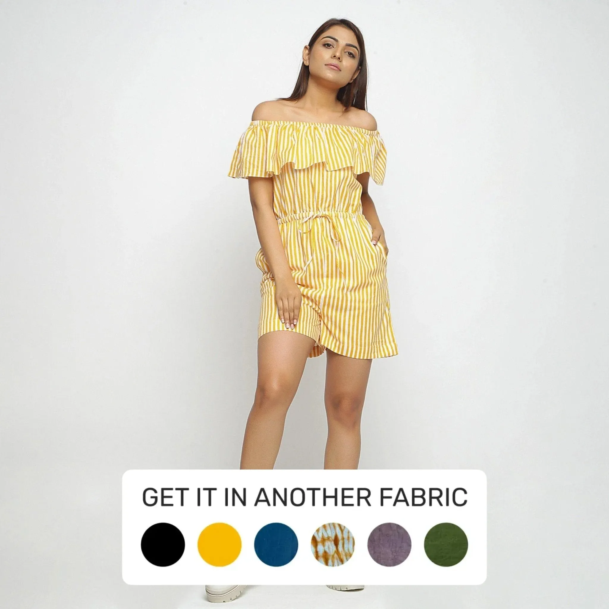Yellow Hand-Screen Print Cotton Elasticated Tube Neck Playsuit