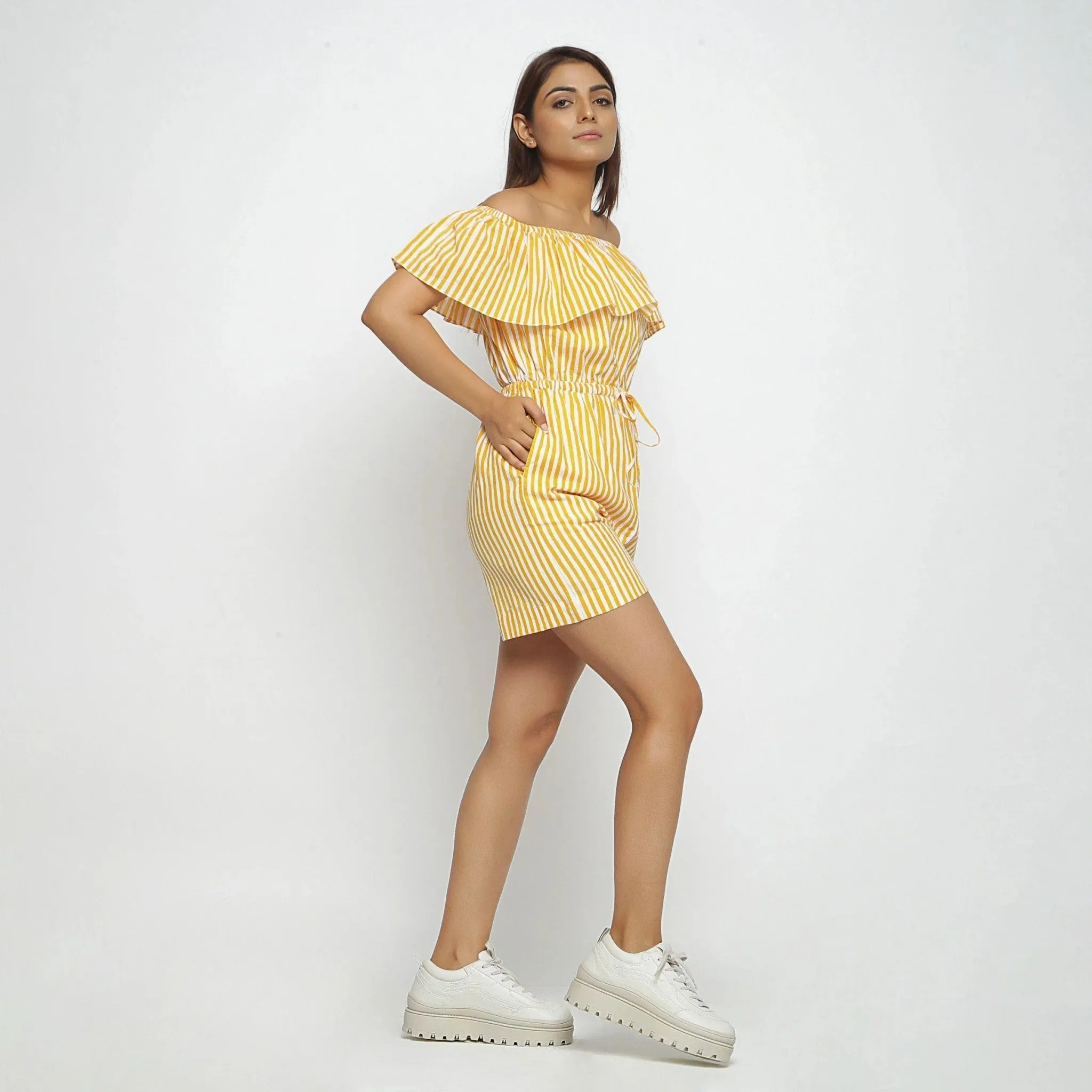 Yellow Hand-Screen Print Cotton Elasticated Tube Neck Playsuit