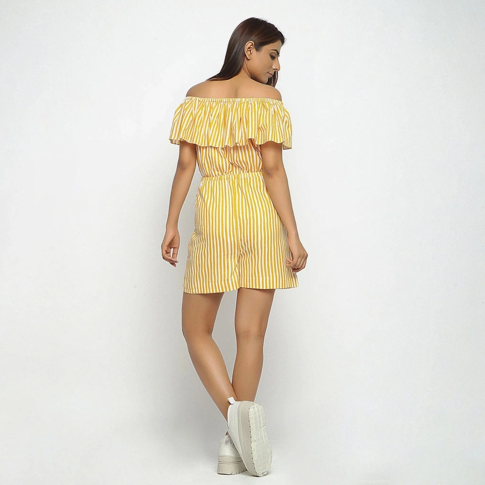 Yellow Hand-Screen Print Cotton Elasticated Tube Neck Playsuit